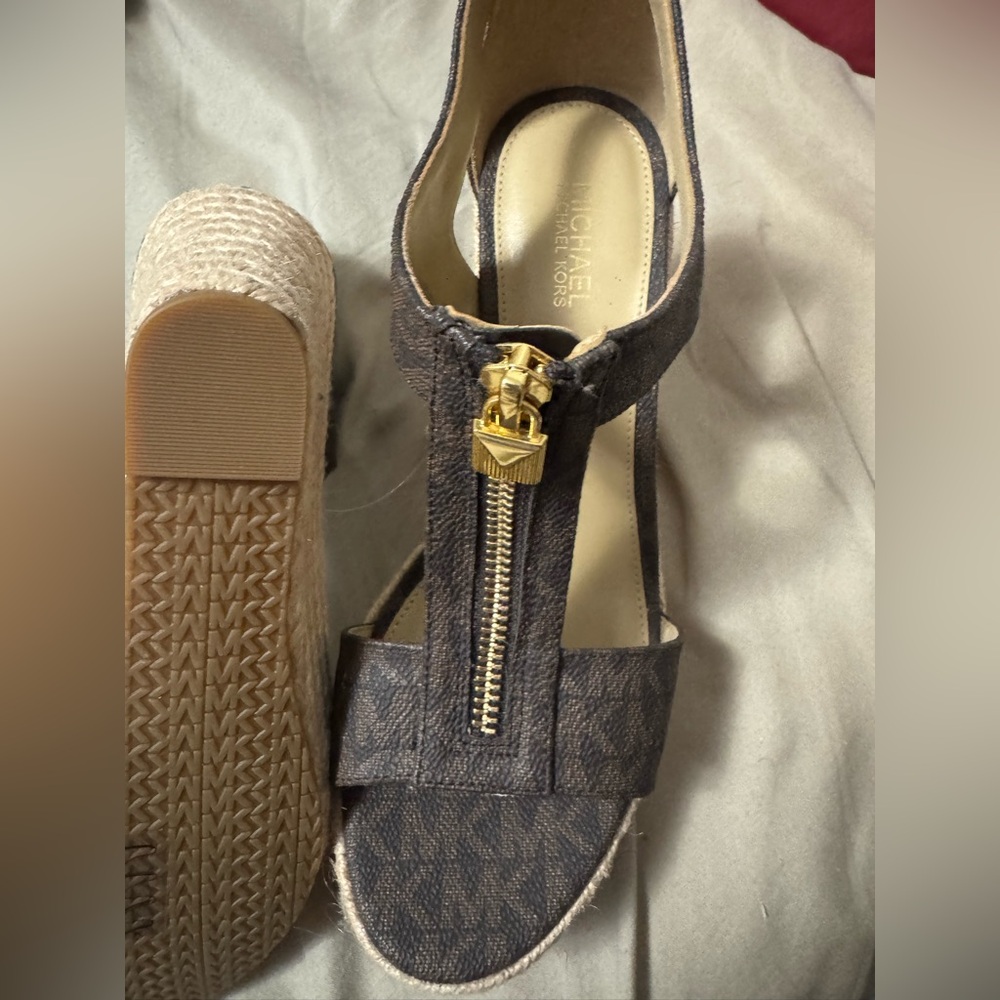 Michael Kors Dark Brown Signature Logo Espadrille Wedge Sandals with Gold Zipper